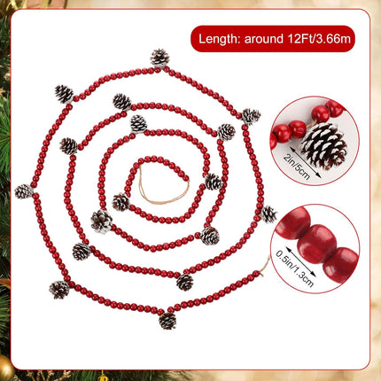 Huwena 12 Ft Christmas Wooden Bead Garland Rustic Red Bead Pinecone Garland Farmhouse Craft Bead Garland for Christmas Decoration Supplies