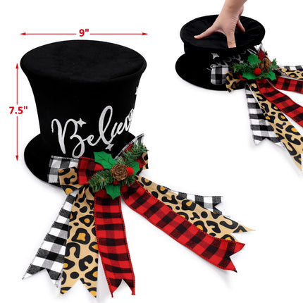 Buffalo Plaid Christmas Tree Topper Top Hat with Handmade Leopard Black and Red Check Bows Xmas Believe Ornament Winter Holiday Santa Home Decoration Wreath Festive Ideas Supplies