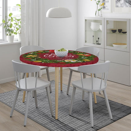 Merry Christmas Garland Round Fitted Tablecloth with Elastic Edged Decorative Kitchen Dining Table Cloth Cover Fits 45-50" Round Table (45-50)