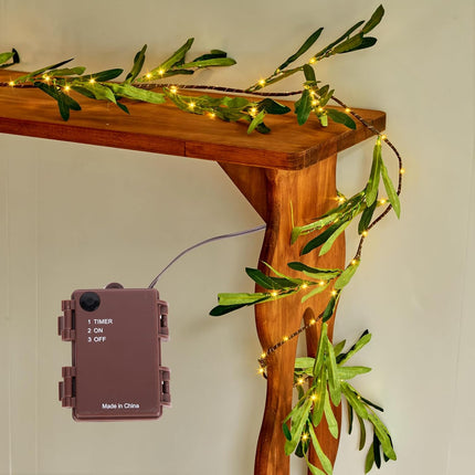 Olive Garland with Lights 6FT 96 LED Fairy Lights Battery Operated with Timer, Faux Vine with Lights for Decoration Inside Outside Christmas Valentines Wedding