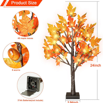 2 Pack 24 Inch Fall Lighted Maple Tree with 36 LEDs, 6 Acorns, Timer Battery Operated, 2Ft Thanksgiving Decorations Table Lights Tree for Autumn Wedding Party Indoor Outdoor Harvest Home