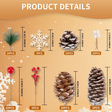 108 Pcs Christmas Ornaments Pine Cones Berry Pine Branch Set Xmas Decorations for Home, Pinecones for Crafts Vase Filler Wreath Christmas Table Decor
