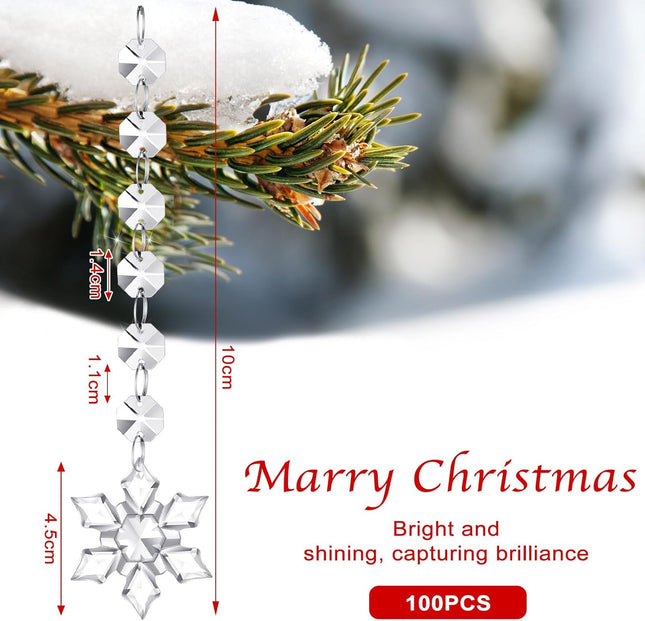 Nuenen 100 Pcs Christmas Hanging Crystals for Centerpieces Chandelier Clear Crystal Garland Strands Ornament Acrylic Clear Beads Prisms Pendant for Christmas Tree Window Home Decoration(Snowflake)