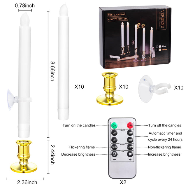 Verdenu 10 Pack Christmas Window Candles with Timer Remote, Battery Operated Window Candles with Sensor Dusk to Dawn Electric LED Candles with Holder/Suction Cups for Christmas Decorations, Gold