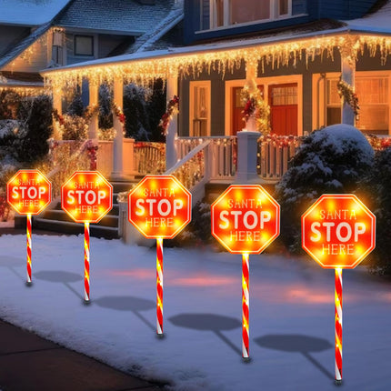 MUMTOP 5 Pack Santa Stop Here Christmas Decorations, Battery Operated Pathway Christmas Stake Lights, Outdoor Christmas Lights for Lawn Yard Garden