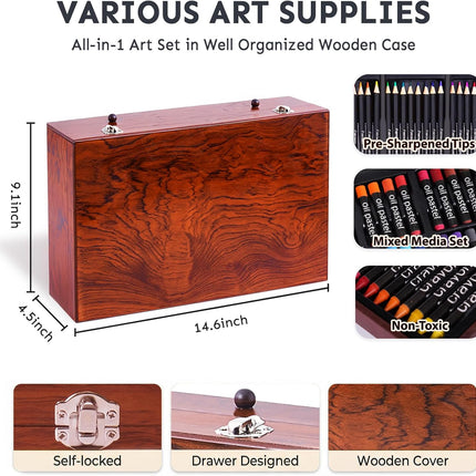 TMOL Art Supplies, 175-Pack Deluxe Art Set Drawing Painting Kit with 2 Drawing Pads, Acrylic Paints, Colored Pencils, Crayons, Art Kit in Wooden Case, Gift for Artist, Adults, Teens and Kids - Cherry