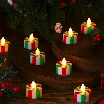 24 Pcs Christmas Candy Cane Tea Lights LED Flameless Candles Striped Battery Operated Flickering Candles Warm Yellow Light Candles Flameless Tealight Candles for Christmas Party (Red, Green)