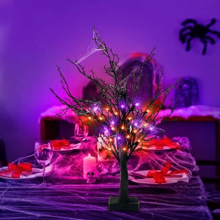 [ Timer ] 24 Inch Orange & Purple Lighted Halloween Tree with 24 LED Black Twigs Tree Lights Battery Operated Tabletop Halloween Spooky Tree Decorations for Indoor Home Party Holiday Festival Decor