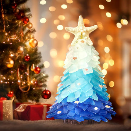 Sea Glass Christmas Tree - Handcrafted Mini Christmas Tree, Table Centerpiece - Ideal for Christmas, Year, Home Decor, Coastal Holiday Decor and More (Blue Gradient)