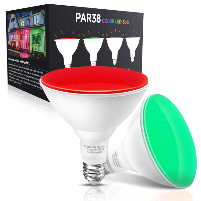 LED Flood Red Green Light Bulb, 15W Equivalent 150W, Par38 Red Green Flood Light, E26 Base, Colored LED Light Bulbs, Not-dim Ideal for Christmas, Halloween, Party, Holiday, 2 Pack