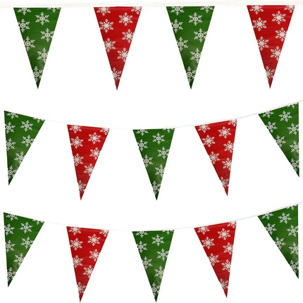 100FT Christmas Plastic Flags, Holiday Pennant Banner, Green and Red Garland with White Snowflakes, Xmas Decoration Triangle Flags, Winter Decoration Bunting Banner, by Bashout