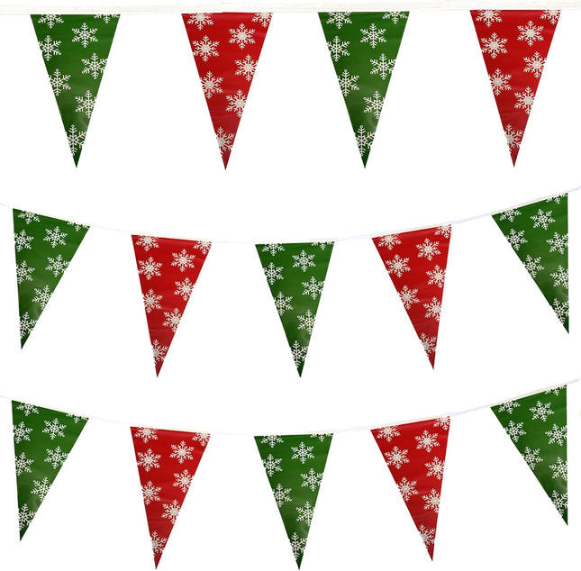 100FT Christmas Plastic Flags, Holiday Pennant Banner, Green and Red Garland with White Snowflakes, Xmas Decoration Triangle Flags, Winter Decoration Bunting Banner, by Bashout