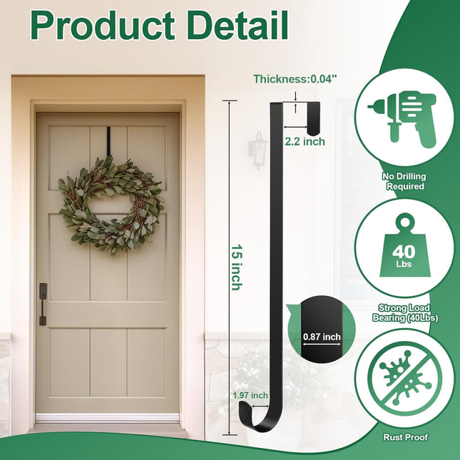 2 Pack 15” Wreath Door Hanger, Wreath Hooks for Front Door 40lb Load-Bearing, Metal Wreath Hanger for Welcome Sign Christmas Halloween Easter Decor (Black)