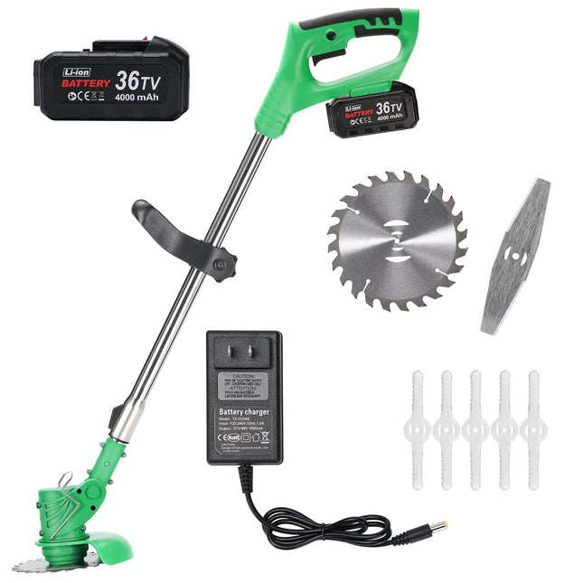 Olerd 21V Cordless Grass Trimmer Weed Wacker, Electric Brush Cutter Lawn Edger with 3 Types Blades, Adjustable Height Weed Eater Tool for Garden and Yard, Battery & Rapid Charger Included(Green)