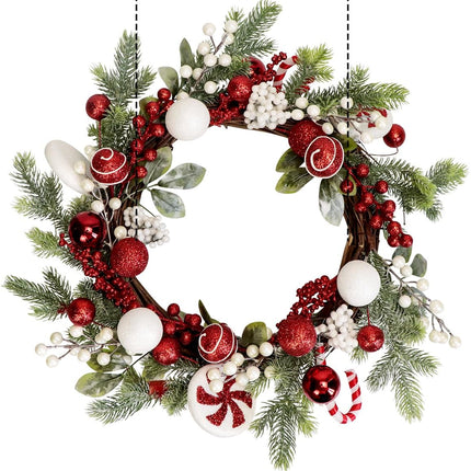 20-Inch Artificial Christmas Wreaths for Front Door Red Green White Winter Decorations with Xmas Baubles Ball Ornaments, Spiral Peppermint, Candy Canes, Holly Berries, Pine Greenery Branches (Candy)