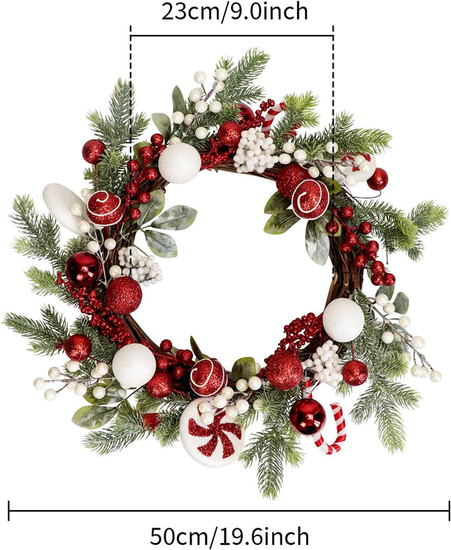 20-Inch Artificial Christmas Wreaths for Front Door Red Green White Winter Decorations with Xmas Baubles Ball Ornaments, Spiral Peppermint, Candy Canes, Holly Berries, Pine Greenery Branches (Candy)
