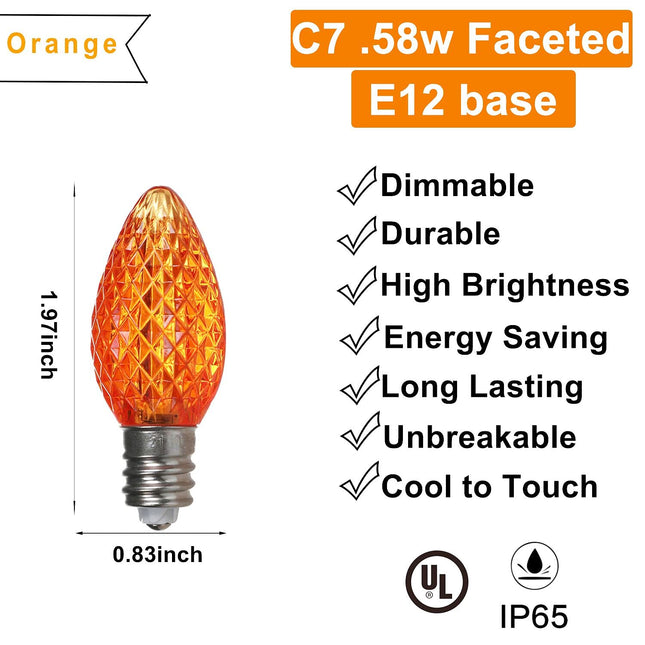 Orange C7 LED Christmas Lights Replacement Bulbs, 25 Count, 0.58 Watt, UL Listed, IP65 Waterproof, Dimmable, Faceted