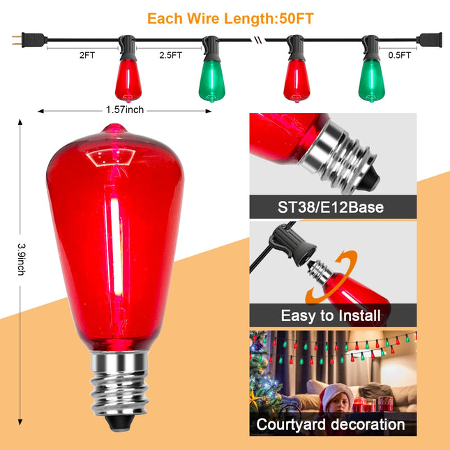 50Ft Outdoor Multicolor String Lights, LED Dimmable Christmas Red/Green Lights Outdoor Waterproof with 25 ST38 Red/Green LED Bulbs, 2700k Shatterproof for Backyard Gazebo Porch Garden Outside Decor