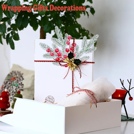 Christmas Greenery Stems 50PCS, Snowy Artificial Pine Stems Frosted Red Berry Stems 10.6" Faux Greenery Pine Branches Christmas Picks for DIY Christmas Garland Wreath Cedar Garland Home Dector (Snowy)