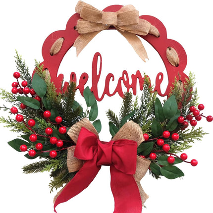 Tempus 16 Inch Wooden Board Circle Wreath Artificial Christmas Wreath Christmas Ribbon Wreath with Welcome Sign for Front Doors, Walls, farmhouses, Holiday Parties, Interior Decorations