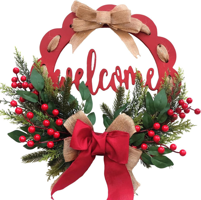 Tempus 16 Inch Wooden Board Circle Wreath Artificial Christmas Wreath Christmas Ribbon Wreath with Welcome Sign for Front Doors, Walls, farmhouses, Holiday Parties, Interior Decorations