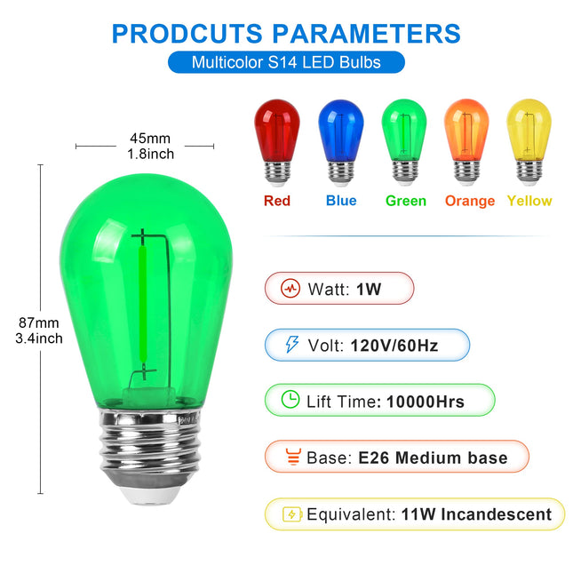 Multi Color S14 Light Bulbs for Christmas Outdoor String Light LED 1W Replacement 11W Edison Bulb 120V E26 Base Shatterproof Multicolor Plastic RED BLUE GREEN YELLOW ORANGE Bulb In Patio Pack of 15…