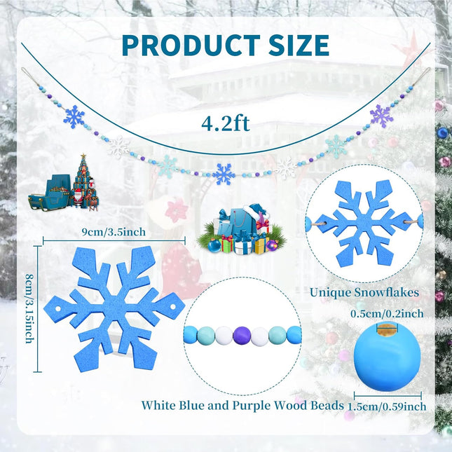 4.2 FT Winter Wooden Beads Garland with Snowflake Charms, Festive Colors Beaded Decor with Felt Snowflakes, Rustic Farmhouse Banner for Christmas Decorations, Shelf Display, Fireplace, Wall, Mantel