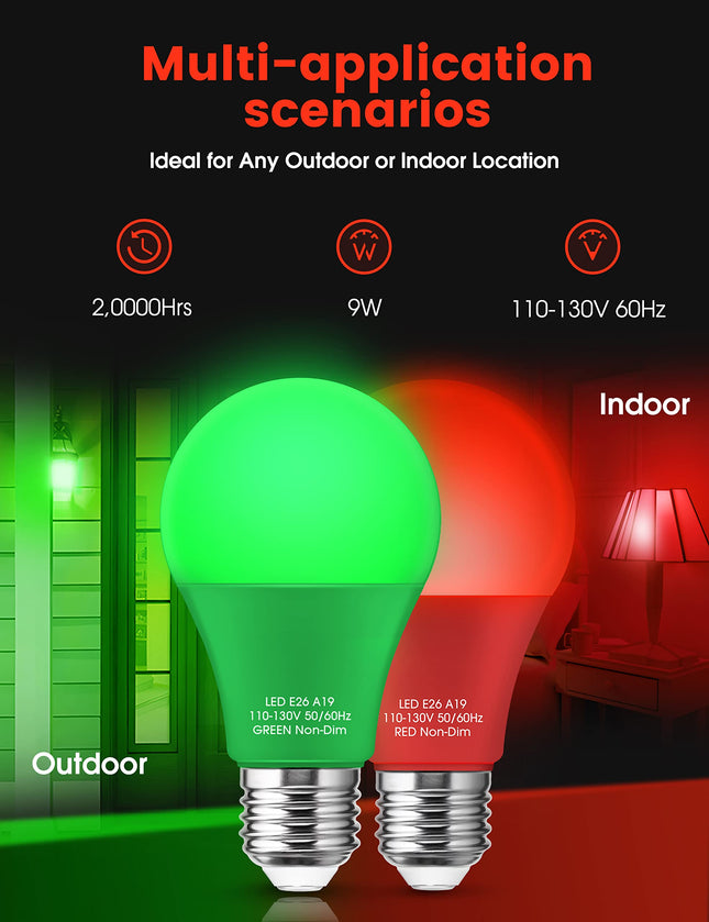 Red Light Bulbs Green Light Bulbs [4 Pack] - A19 LED Red and Green Bulbs 9W (60W Equivalent) - E26 Base Red Light Bulb Outdoor, Colored Light Bulbs for Christmas Party Porch Decor (2 Red+2 Green)