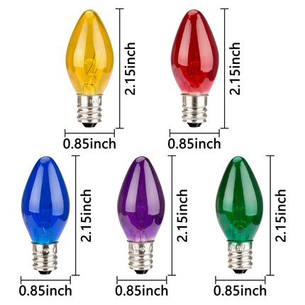 25 Pack 5W 120 Volt E12 Socket C7 Multicolor Christmas Replacement Bulbs, C7 Outdoor Indoor String Light Replacement Bulbs