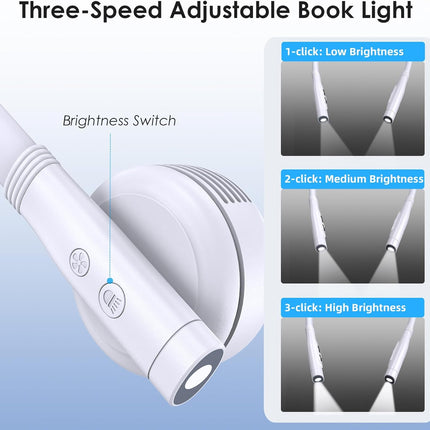 Book Light With Neck Fan, Portable Rechargeable Reading Light HandsFree Design For Bedtime Reading, Foldable And Wearable With 50