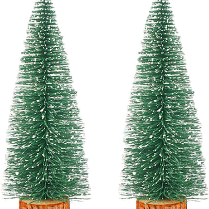 2pcs 12inch Mini Christmas Tree Bottle Brush Trees Chrismas Village Trees Ornaments Mini Plastic Christmas Trees with Wooden Base for Christmas Decoration Miniature Chrismas Tree (12inch 2pcs)