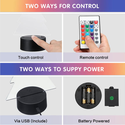 4 Pieces 3D Night Light LED Lamp Base with 4 Pieces Clear Acrylic Sheets 4 Pieces Remote Controls and 4 Pieces Charging Cables Adjustable 16 Colors 4 Modes for Child Room Bar (Christmas Tree Style)