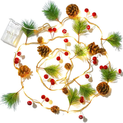 WYNK Christmas tree string lights, Christmas Garland Decoration with lights, 9.84FT 30LED Xmas Pinecone Red Berry Mushroom Lights Battery Powered Christmas Year Holiday Party Decoration Indoor