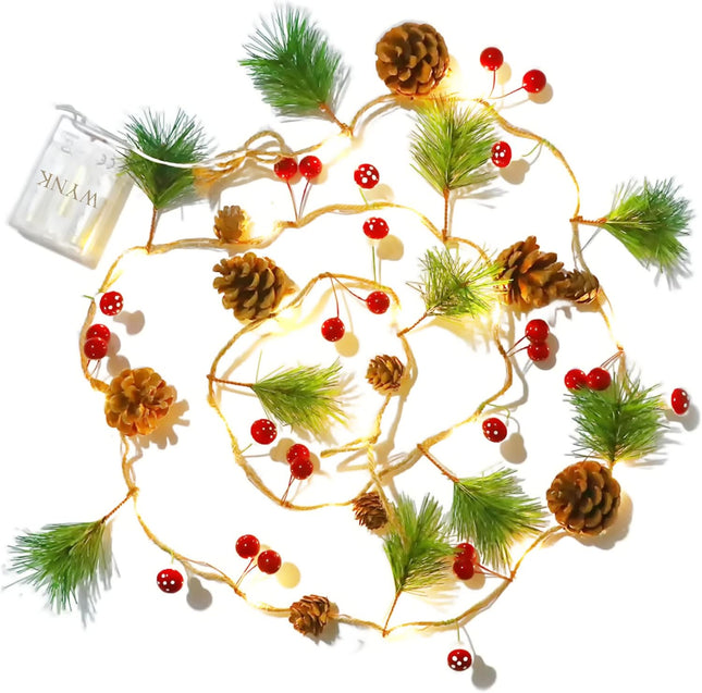 WYNK Christmas tree string lights, Christmas Garland Decoration with lights, 9.84FT 30LED Xmas Pinecone Red Berry Mushroom Lights Battery Powered Christmas Year Holiday Party Decoration Indoor