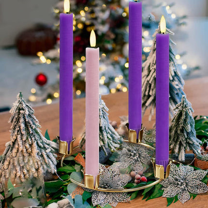 SHYMERY Flameless Advent Candles,Real Wax Battery Operated Electric LED Taper Candles with Remote Timer, Set of 4 Purple & Pink Flickering for Wreath Thanksgiving Christmas Outdoor Centerpieces