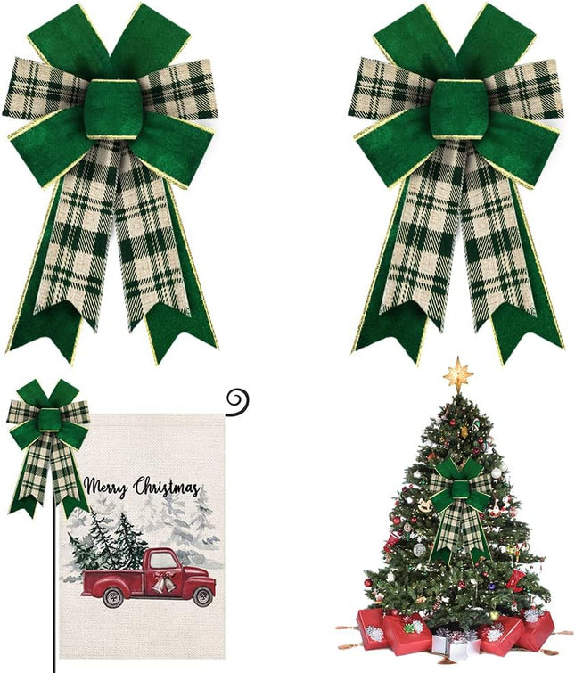 Hying 2PCS Christmas Bows for Wreath, Green Velvet Wreath Bows for Christmas Décor Gold Edge Plaid Winter Bows for Front Door Indoor Outdoor Wall Tree Topper Decoration Supplies Christmas Ornament
