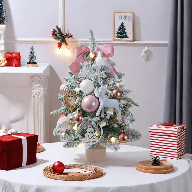 Small Pink Christmas Tree 18Inch Tabletop Mini Christmas Tree Snowy Artificial Xmas Pine Trees with Wooden Base Hanging Ornaments Balls for Holiday Festival Indoor Home DIY Christmas