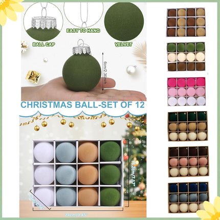 Velvet Christmas Ornaments,Velvet Ornaments for Christmas Tree, Wreath & Party Decorations,with Hanging Loop (Velvet 001, 12pcs)