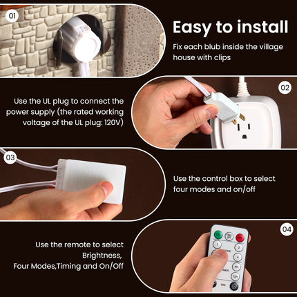 Remote Control Lighting System, 6.5Ft Accessory Cord with 3LED C7 Warm White Bulbs, Built-in 4 Lighting Modes and Timer, Perfect for Halloween Christmas Village and Homemade Craft Decorations