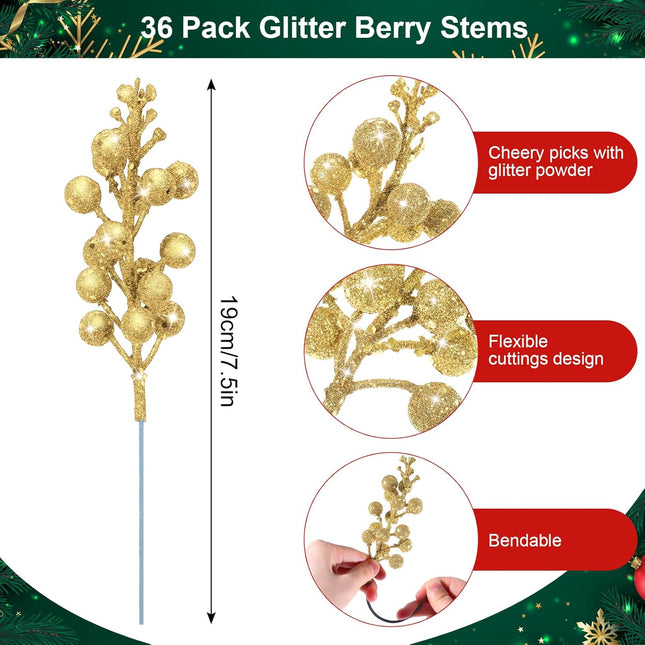 Geosar 36 Pcs Christmas Glittered Berries Stems 7.5 Inch Artificial Berries Sprays Branches Floral Pick for Christmas Tree Ornament, DIY Xmas Wreath, Crafts, Home Decor(Gold,Pure Color)