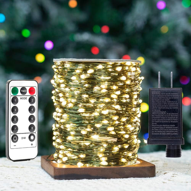 Fairy Lights Plug in,400FT 1200 LEDs Waterproof String Lights,Green Copper Wire,LED Lights Stirp with Remote 8Modes for Indoor Outdoor Christmas Wedding Birthday Patio Garden Decor,Warm White