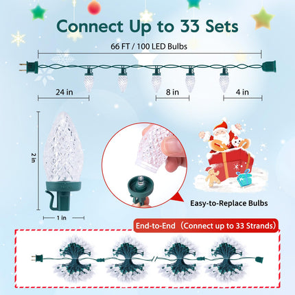 Brightown C9 LED Christmas String Lights, 2 Pack Total 132ft 200LED Outdoor Lights String, Plug-in Connectable Waterproof Roofline String Lights for Outside Christmas Holiday Decor