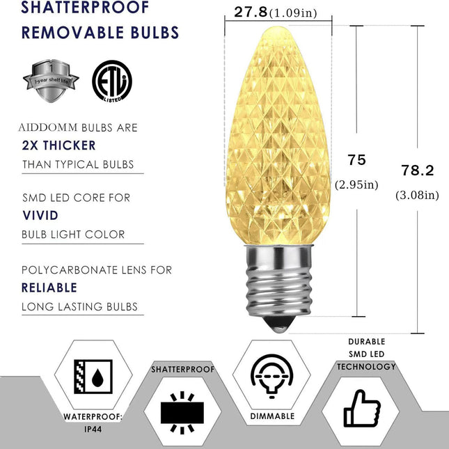 25 Pack C9 LED Replacement Lights Bulbs Christmas, Warm White LED Christmas Lights Bulbs Replacement, E17 Replacement Christmas Lights Bulbs Outdoor, Dimmable Faceted Bulbs, Holiday Decoration