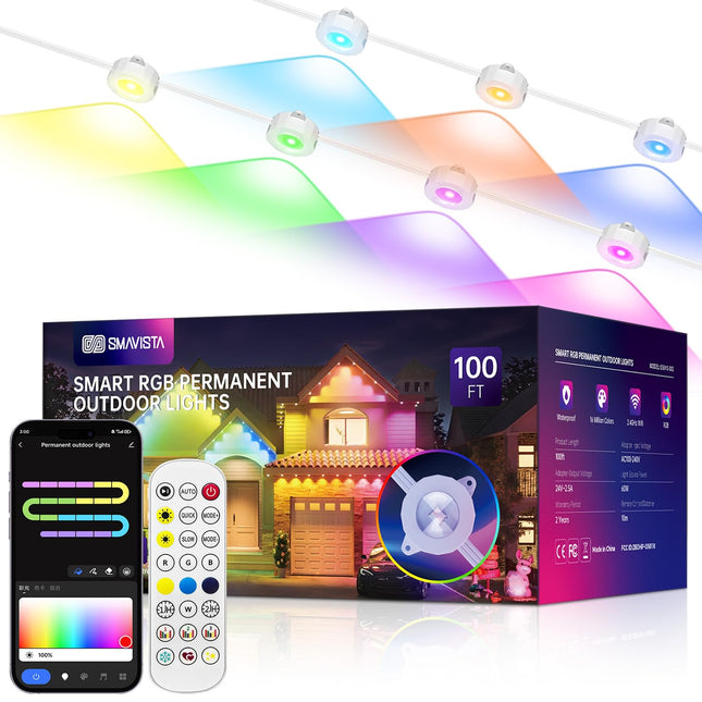 Smart Permanent Outdoor Lights, 100ft with 72 LED RGB String Lights, IP67 Waterproof Eaves Light with 44 Scene Modes for Halloween Christmas Birthday Holiday Party, APP/Voice/Remote Control