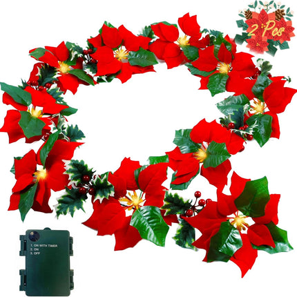 Twinkle Star 2 Pack Pre-Lit Christmas Poinsettia Garland with Red Berries and Holly Leaves, 6 FT Velvet Artificial Flower Xmas String Lights, Battery Operated Cordless Indoor Outdoor Home Decorations