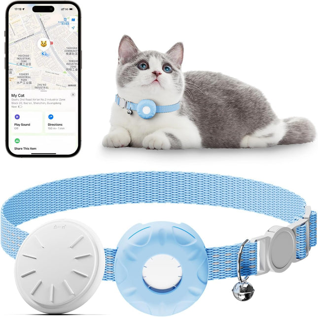 Cat GPS Tracker for Cats, Waterproof Pet GPS Tracker, Cat GPS Tracker Collar with Safety Elastic Buckle, Compatible with Apple Find My App (Only iOS), No Monthly Fee, Blue