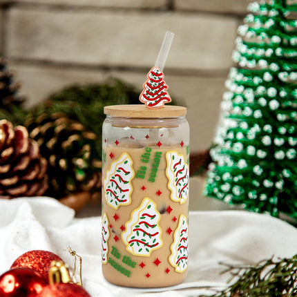 Christmas Iced Coffee Cup, Practical Birthday , 18oz Christmas Cake Tree Tumbler Can Glass, Reusable Beer Can Drinking Glass for Christmas Decor