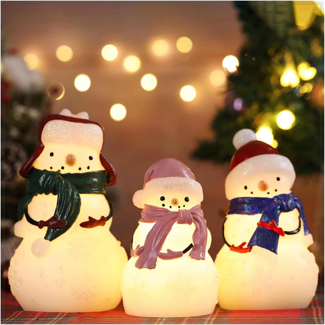 Christmas Snowman Flameless Candles Battery Operated with Remote,Real Wax Carved Candles,Glowing LED Snowman Lights for Christmas Table Decor/Party/—Set of 3