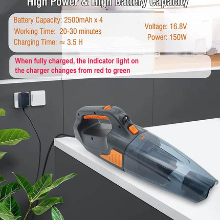 Handheld Vacuum Cleaner, 16000Pa Powerful Suction Cordless Rechargeable, For Car Home Office Cleaning With Led Light