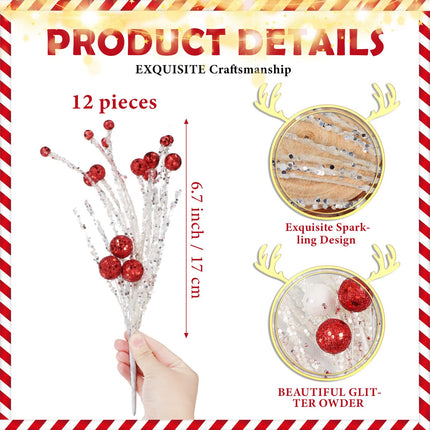 10 Pcs Christmas Decorations Ornaments 12 Inch Xmas Sequins Ball Tree Picks Large Glitter White Snow Spray for Tree Toppers Hanging Christmas Berry Stem for Holiday Party Supplies (Red, White)